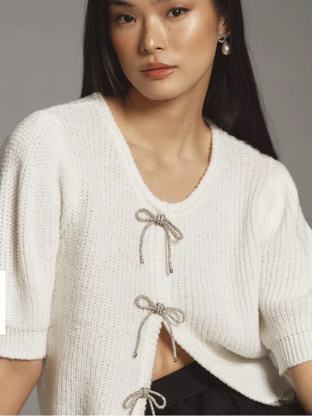 Anthropologie Ivory Short-Sleeve Knit Cardigan with Metallic Bow Ties